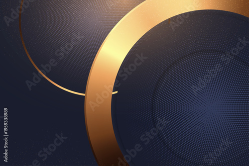 高級感のあるネイビーブルー背景に重なるゴールドリングと繊細なドットグラデーションが美しいラグジュアリー抽象デザインバナー素材