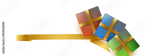 白背景にゴールドリボンで結ばれたカラフルなギフトボックスが並ぶ華やかでお祝い感あふれるプレゼントイラスト素材