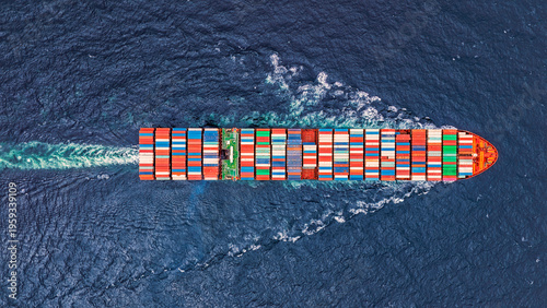Aerial top view container ship at sea.