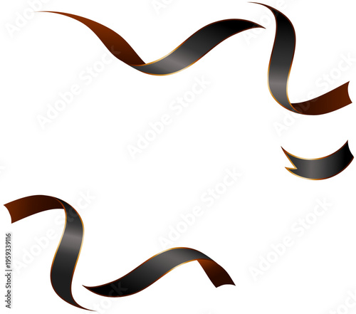 黒とゴールドの光沢リボンが優雅に舞う高級感ある装飾パーツセット白背景イラスト素材