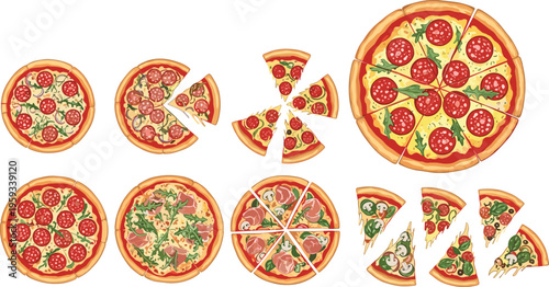 Set of delicious pizza variations including whole pies and slices with pepperoni, vegetables, and cheese in flat vector illustration style