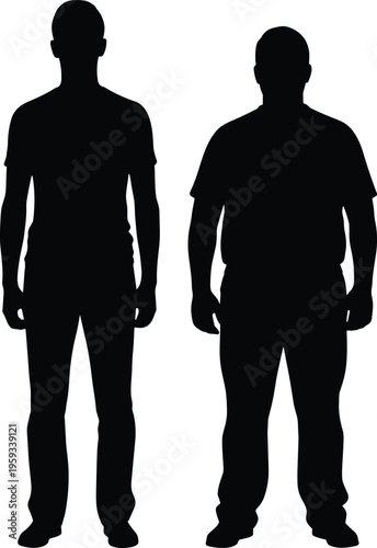 Comparison of slim and overweight male silhouettes isolated on white background, body shape concept for health, fitness, and lifestyle design