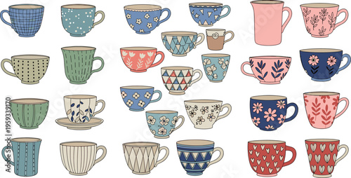 Set of vintage style coffee mugs and teacups with floral and geometric patterns in cozy flat vector illustration style
