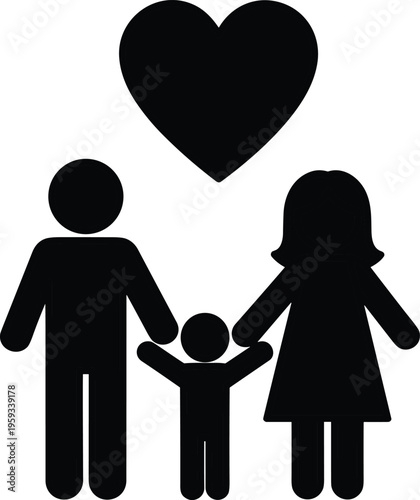 Family silhouettes with child and heart symbol isolated on white background, love, parenting, and relationship concept for design illustration