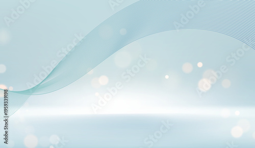 柔らかな光のボケと繊細な曲線ラインが流れる清潔感あふれる淡いブルーの抽象テクノロジー背景素材