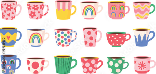 Set of colorful cute coffee mugs with patterns including hearts, rainbows, dots, and abstract designs in flat vector illustration style