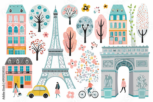 Whimsical illustration of parisian landmarks flowers and charming city scenes