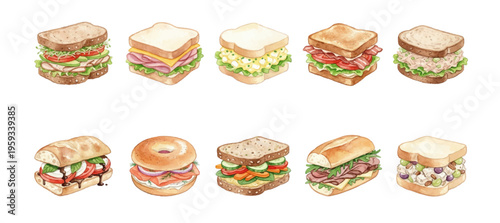 Watercolor Sandwich Clipart Set — 10 Deli & Cafe Sandwiches PNG SVG Vector Illustration