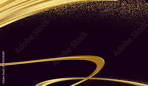 煌めくゴールド粒子と流れる光のラインが印象的な高級感あふれるパープル抽象背景素材