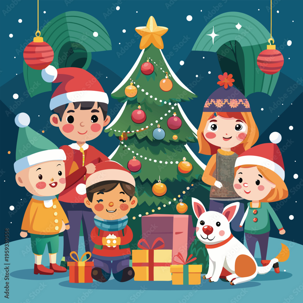 Fototapeta premium Christmas, kids, festive, family, holiday, vector, illustration, children, dog, gifts, tree