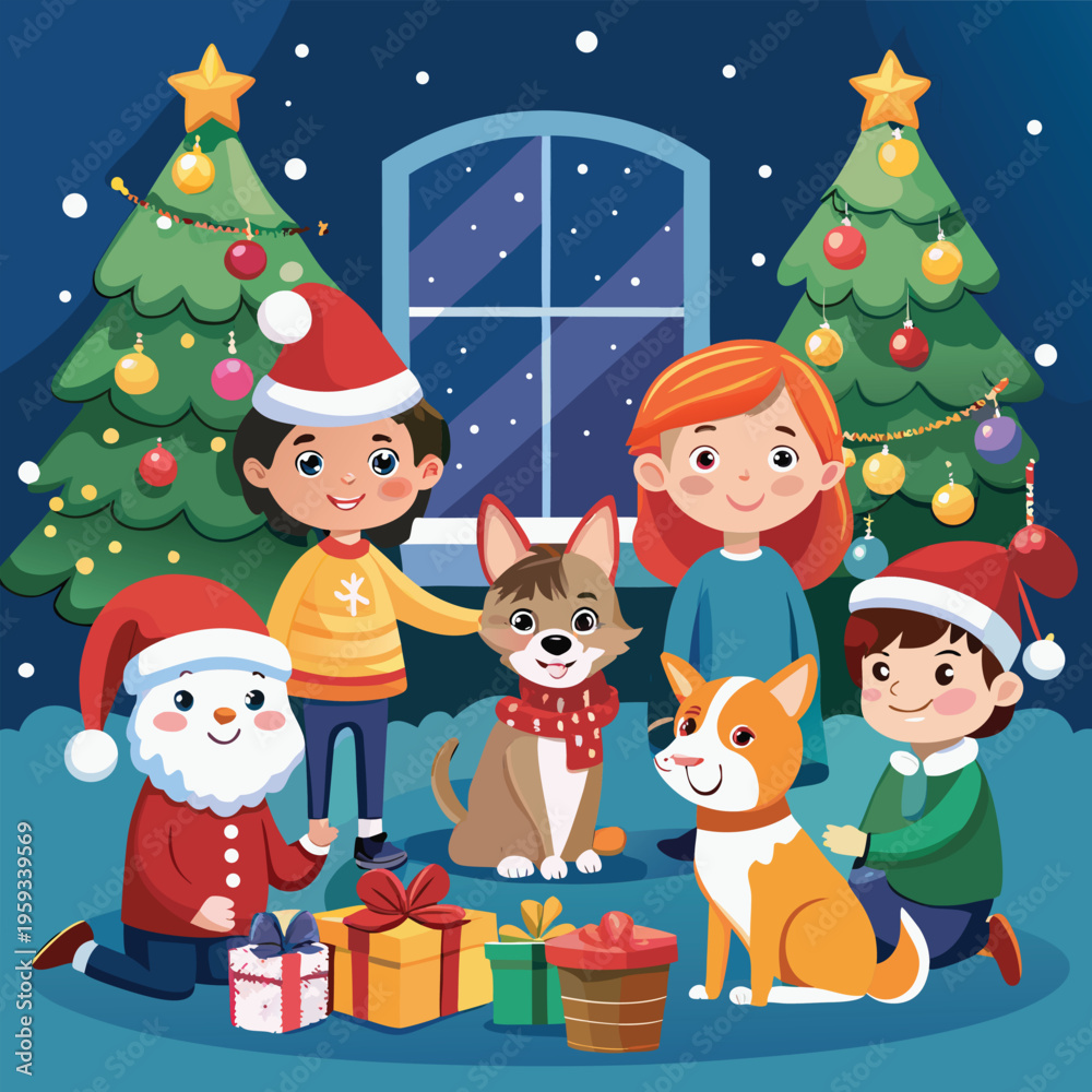 Fototapeta premium Christmas, kids, dog, festive, holiday, vector, illustration, children, pets, winter