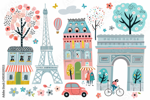 Stylized illustration of parisian landmarks with charming floral accents
