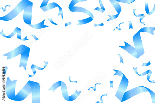 爽やかなブルーのリボンが舞うシンプルで洗練された装飾フレーム背景、ギフトやイベントデザインに使える上品な余白付き素材