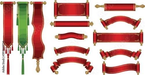 Set of decorative red and green ribbon banners with gold ornaments and scroll shapes in elegant vintage vector illustration style