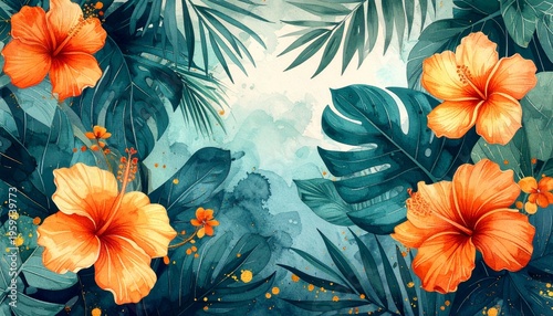 Pink hibiscus flowers and orange poppies.