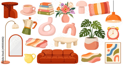 Cozy Home Decor Set Retro Furniture Sofa Lamp Books Vase Plant Mirror Table Interior Objects