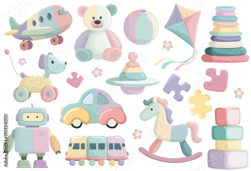 Pastel Baby Toy Vector Set With Teddy Bear, Robot, Rocking Horse, Train, Blocks, Kite, Puzzle Pieces