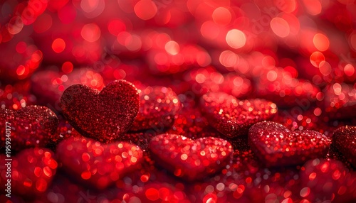 Bright red and pink hearts with bokeh light effect.