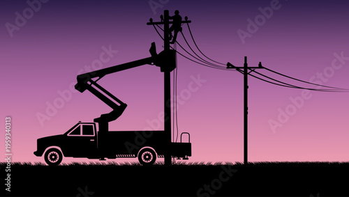 Aerial work platform repairing electricity, flat color vector illustration