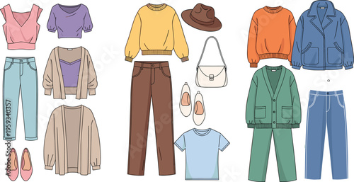 Set of casual clothing outfits including sweaters, pants, jackets, shoes, and accessories in modern flat vector illustration style