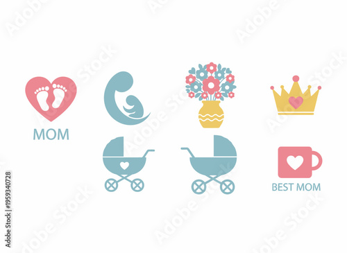 A heartwarming collection of baby and mom icons on white background