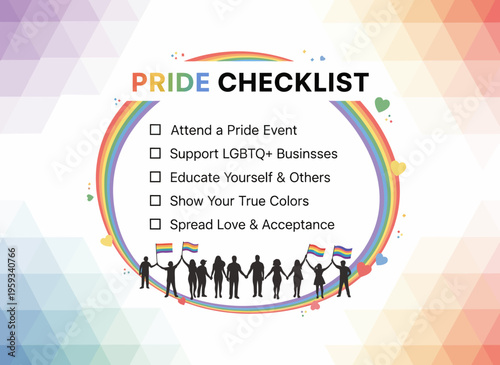 Pride checklist poster with colorful rainbow background and people silhouettes