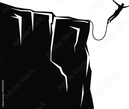 Bungee jumping silhouette from a high mountain cliff, extreme sports adventure illustration, adrenaline rush concept, isolated on a white background.