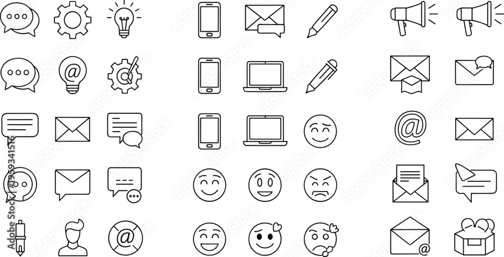 Fototapeta premium Set of communication and social media line icons including messages, email, devices, emojis, and marketing symbols in minimal vector style