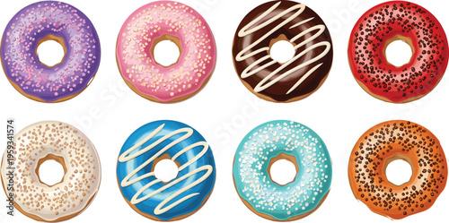 Set of colorful frosted donuts with sprinkles, icing glaze, and chocolate toppings in sweet dessert flat vector illustration style