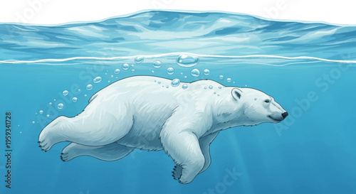 An illustration of a polar bear swimming underwater, surrounded by bubbles, with a white background and icy blue water.