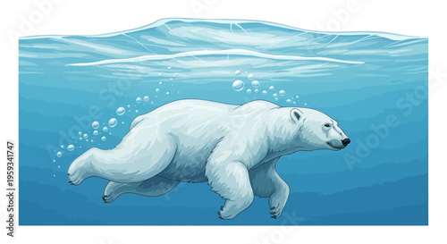An illustration of a polar bear swimming underwater with bubbles around it, set against a blue ocean background with a white border.