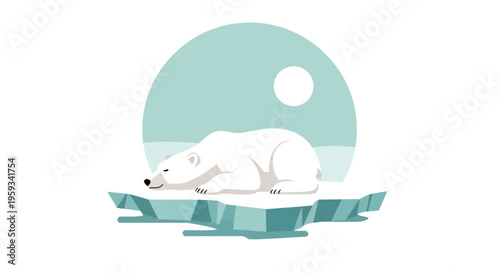 A white polar bear rests on a melting iceberg with a teal background and moon in a minimalist illustration.