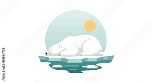 A polar bear rests on a melting iceberg with a sun in the background, illustration in a flat style with a white background.