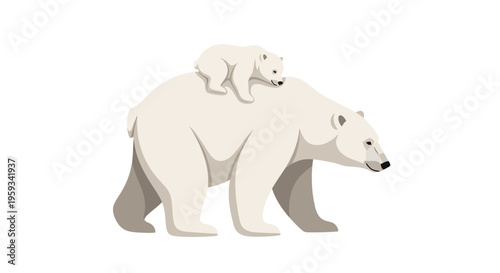 A vector illustration of a polar bear and its cub walking on a white background, symbolizing conservation and endangered species on International Polar Bear Day.