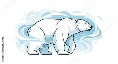 Illustration of a polar bear walking through icy waters on International Polar Bear Day with a white and blue color scheme.