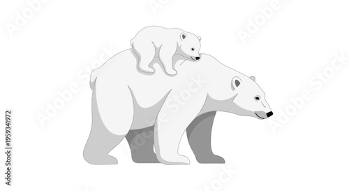 Illustration of a polar bear and its cub walking together on a white background, highlighting their iconic and endangered species in a conservation context.