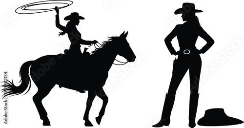 Two black vector silhouettes of Western cowgirls on a clean white background, one on horseback spinning a lasso and one standing with a holster