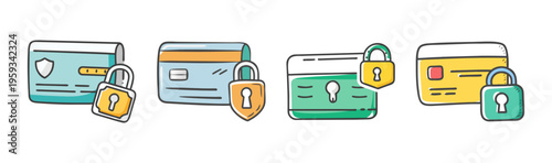 Hand-drawn credit card security icons with locks and shields for safe transactions.