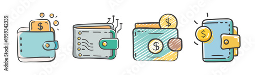 Digital wallet icons with dollar coins and credit cards, modern finance concept.