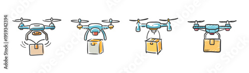 Drone delivery icons showing drones carrying packages, modern logistics.