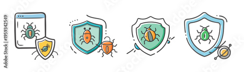 Set of whimsical, hand-drawn icons depicting malware protection and cybersecurity.