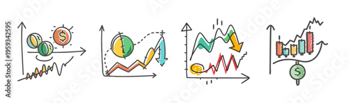 Hand-drawn icons depicting market volatility, financial fluctuations, and stock trading.