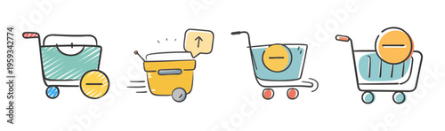Group of four shopping cart icons with minus signs indicating removal from cart.