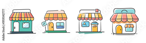 Set of four hand-drawn icons representing small retail store fronts and shops.