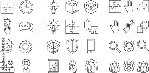 Set of business and teamwork line icons including puzzle pieces, collaboration, strategy, communication, and problem solving symbols in vector style