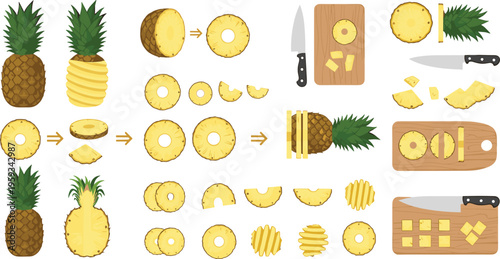 Pineapple cutting process vector set with whole fruit slices rings chunks preparation steps kitchen illustration collection in bright tropical style