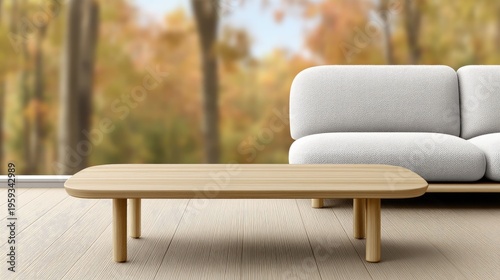 Soft lighting highlights a living room with a beige sofa and coffee table, creating a space for text and product display.