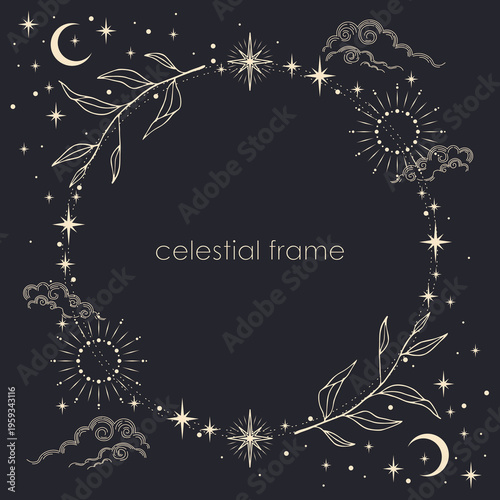 Magic celestial round frame with sun, stars, moon, crescents and copy space. Mystic frame for tarot, esoteric, astrology design. Template for poster and prints.