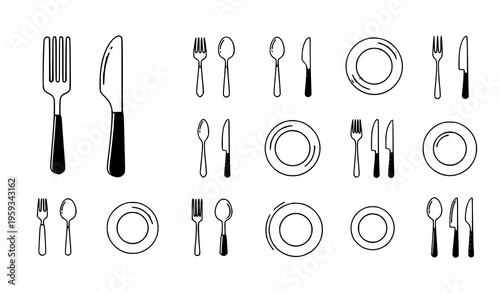 Cutlery tableware icon set fork knife spoon plate vector