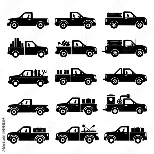 Stylized black pickup truck vector illustration set EPS10 isolated on white